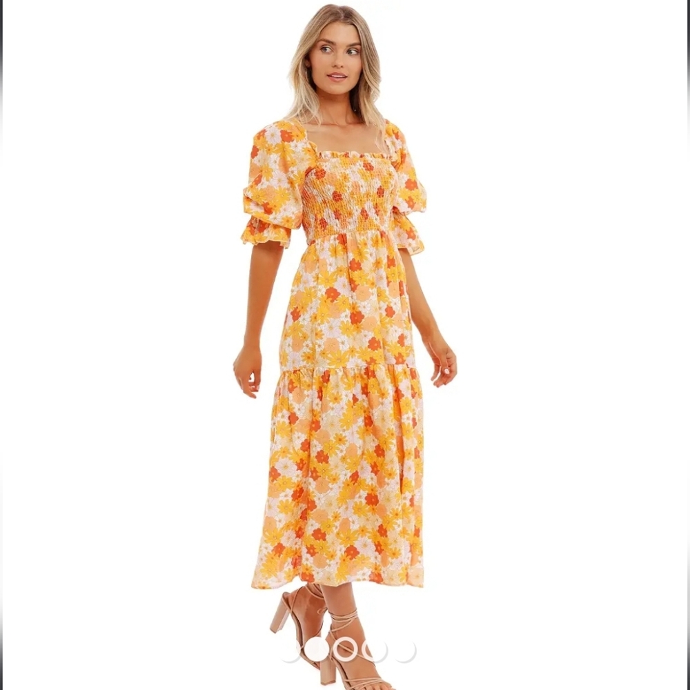 Charlie Holiday Amber Seventies Floral Print Smocked Puff Sleeve Midi Dress - Picture 11 of 11